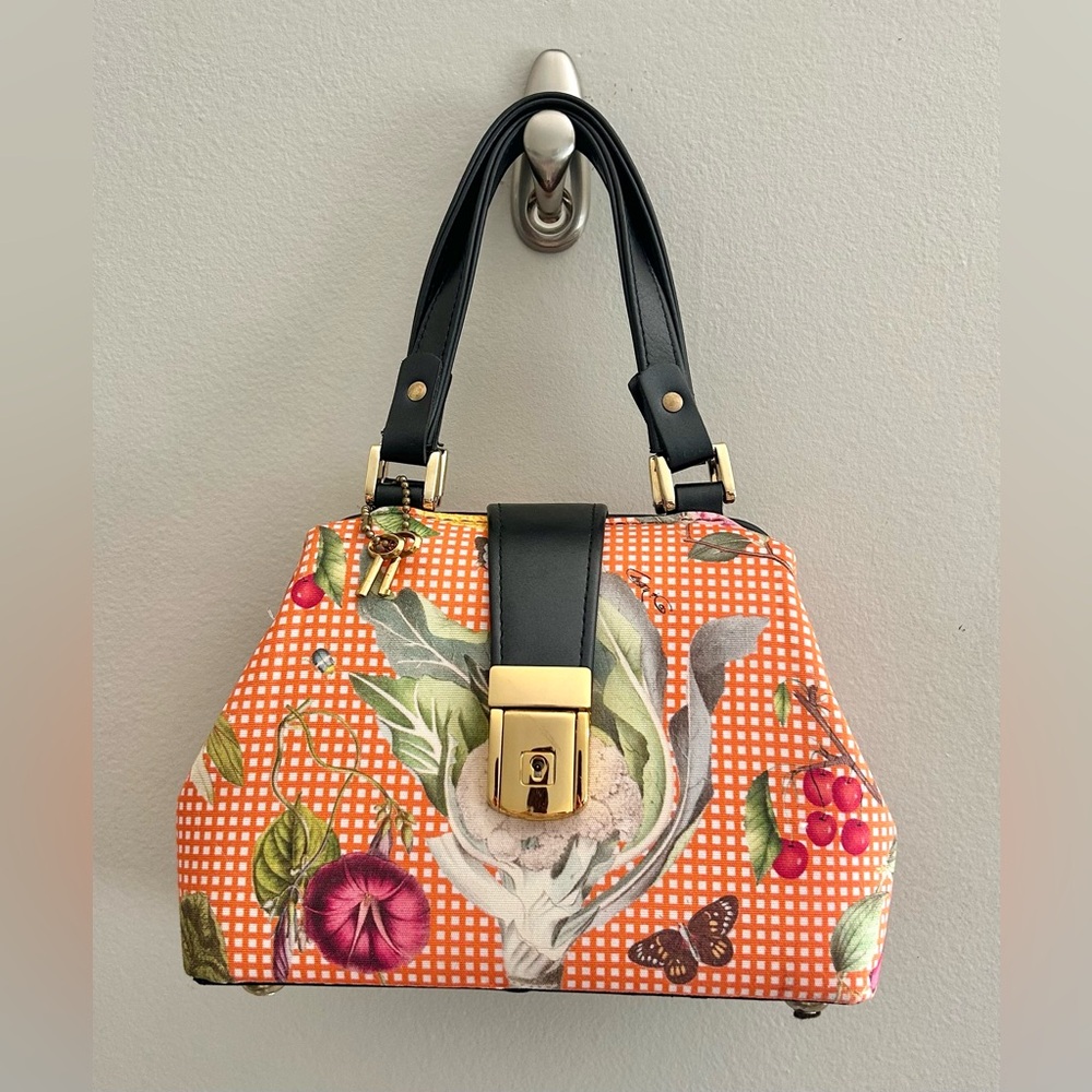 RARE Carson & Company Orange Checkered Vegetable Print Doctors Bag Handbag - Picture 2 of 9